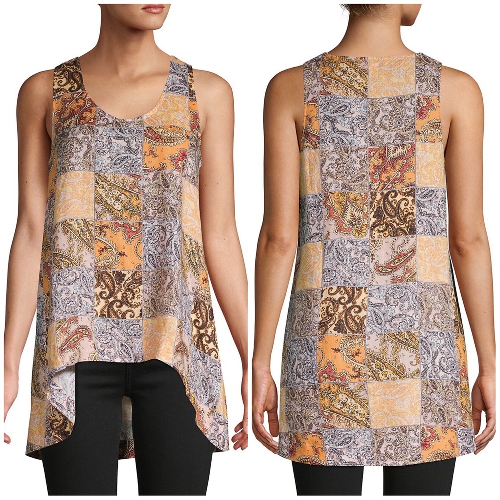 Pure Navy Paisley-Print High-Low Linen Top Sz M